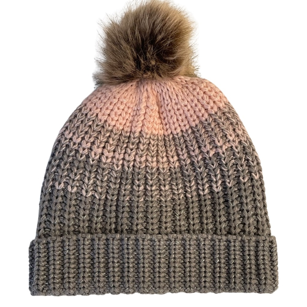 NWOT Women Winter knit hat Pom Pom with lining Pink / Grey